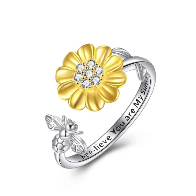 Elegant Sterling Silver Sunflower Bee Open Adjustable Ring