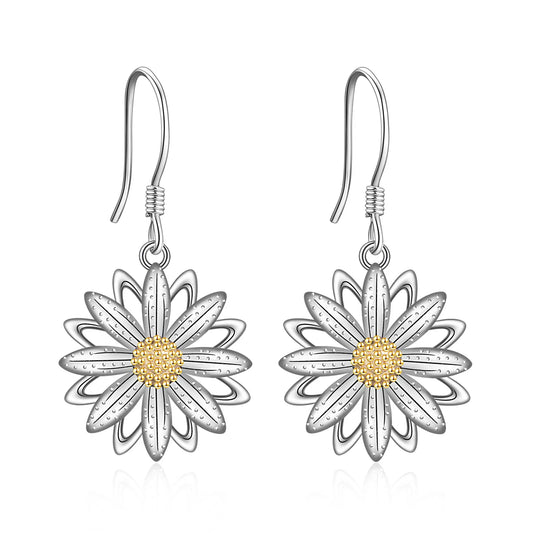 Elegant Silver Lotus Flower Dangle Drop Earrings